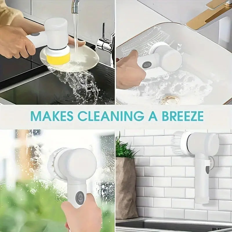 1 set of 5-in-1 electric rotating floor cleaner, with 5 replaceable brush heads, waterproof