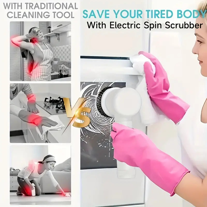 1 set of 5-in-1 electric rotating floor cleaner, with 5 replaceable brush heads, waterproof