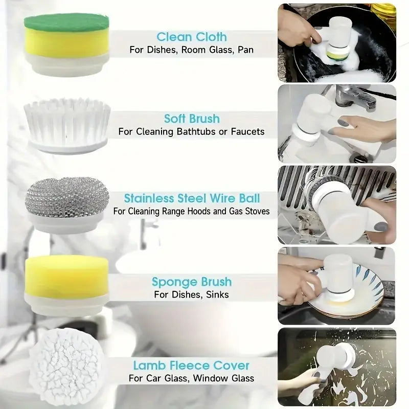 1 set of 5-in-1 electric rotating floor cleaner, with 5 replaceable brush heads, waterproof