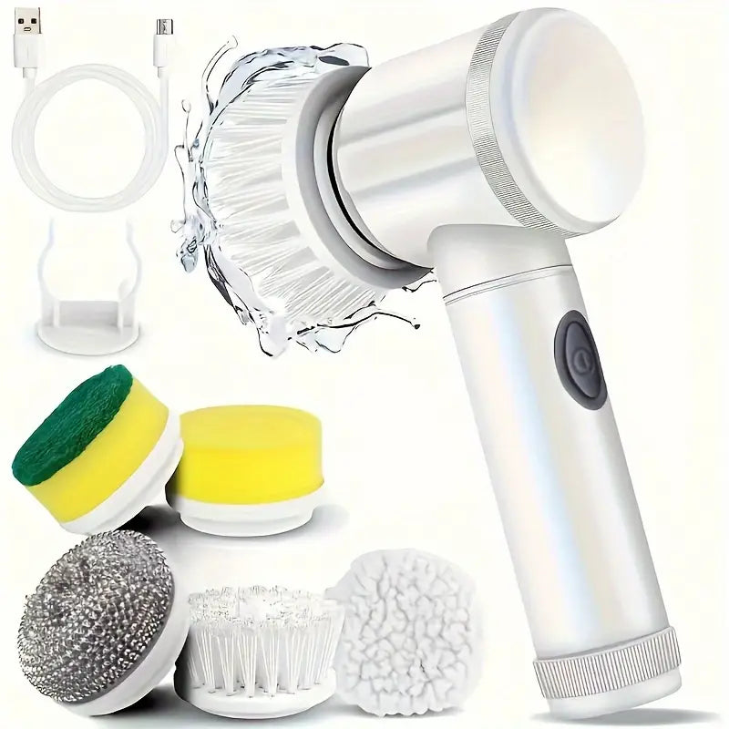 1 set of 5-in-1 electric rotating floor cleaner, with 5 replaceable brush heads, waterproof