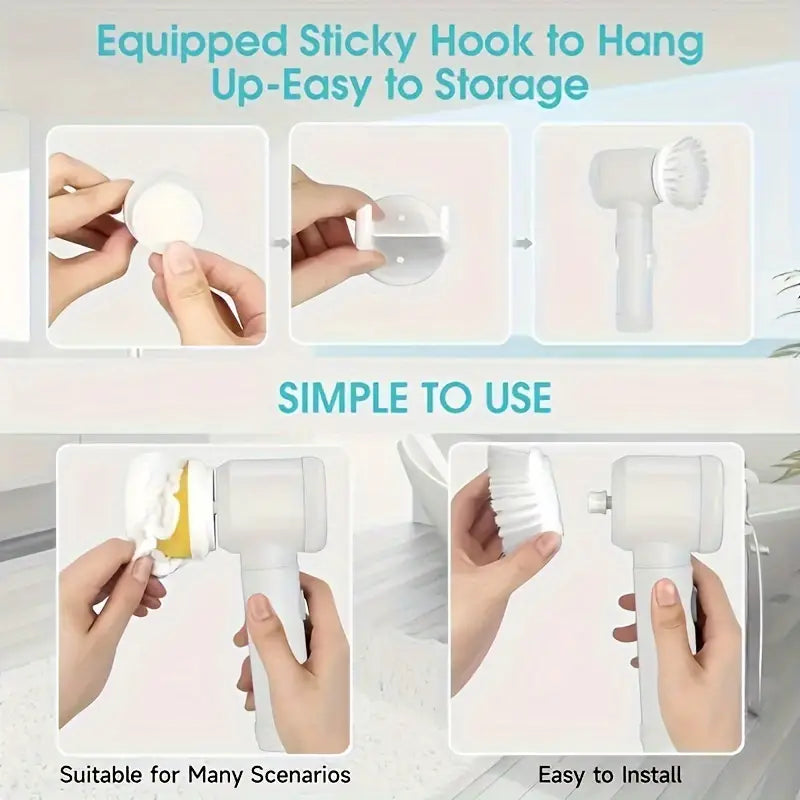 1 set of 5-in-1 electric rotating floor cleaner, with 5 replaceable brush heads, waterproof