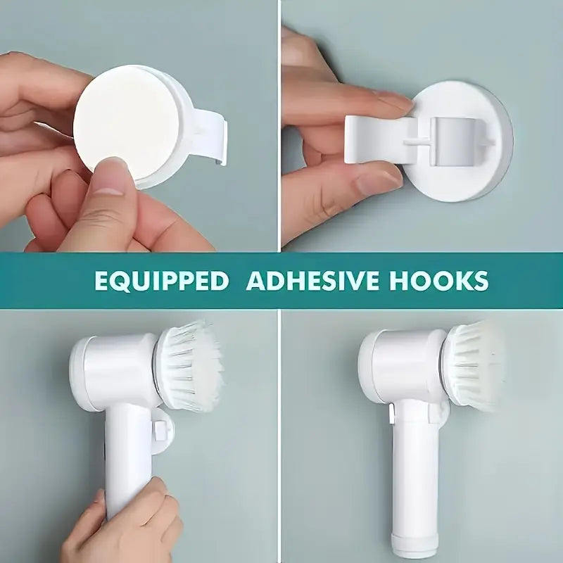 1 set of 5-in-1 electric rotating floor cleaner, with 5 replaceable brush heads, waterproof